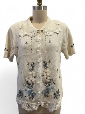 Vintage Cottage Core Cream Floral Button-Up Knit Top